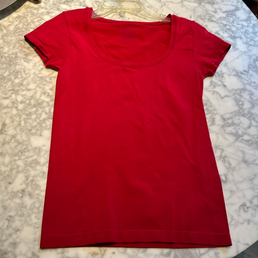 Very stretchy red scoop neck/low cut tee